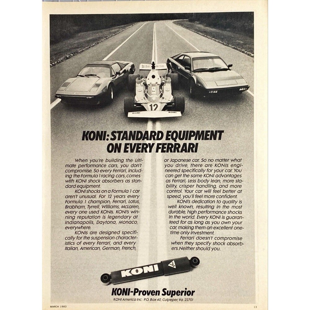 KONI Shocks "Standard Equipment on Every Ferrari" Vintage Print Ad 1983
